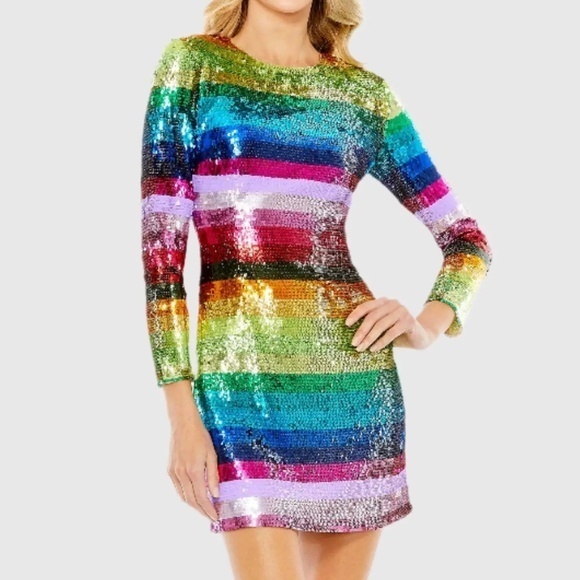 Mac Duggal. Multicolor Long Sleeve Sequin Rainbow Dress. Mac Duggal. Multicolor Long Sleeve Sequin Rainbow Dress.